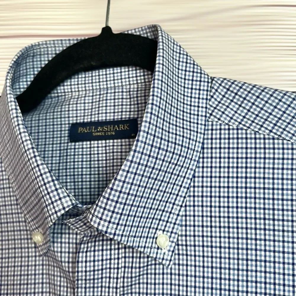 Paul & Shark Casual Shirt Button Down Cotton Blue Plaid Italy size L neck 16,5